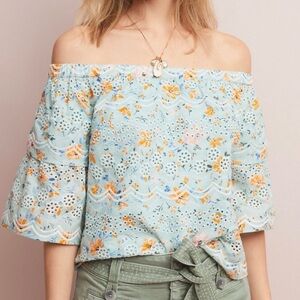 Off-Shoulder Floral Eyelet Blouse - Mint with Orange Accents from Anthropologie